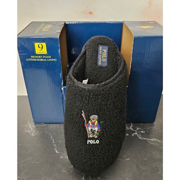 Polo Ralph Lauren Women's kayleigh Ski Bear Black Sherpa Fleece Scuff Slippers 9 - Picture 1 of 7